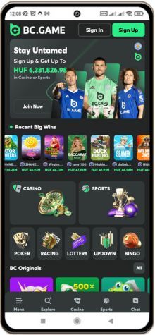 BC.Game kaszinó főoldal mobil képernyő