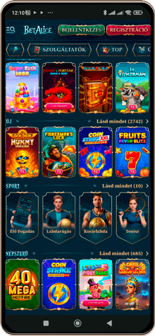 BetAlice kaszinó főoldal mobil képernyő