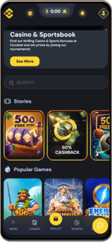 CocoBet Casino főoldal mobil képernyő