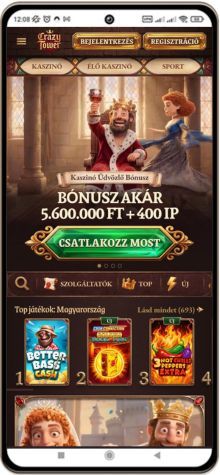 Crazytower kaszinó főoldal mobilon