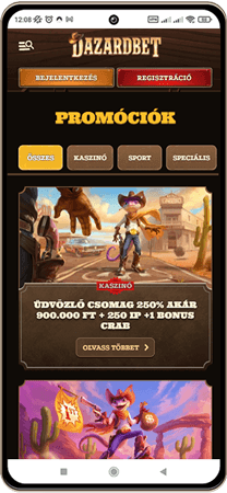 DazardBet kaszinó főoldal mobil képernyő