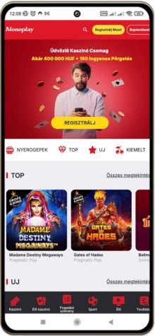Monoplay kaszinó főoldal mobil képernyő