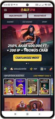 AllySpin kaszinó főoldal mobil képernyő