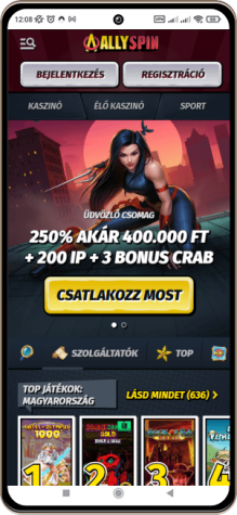 AllySpin kaszinó főoldal mobil képernyő
