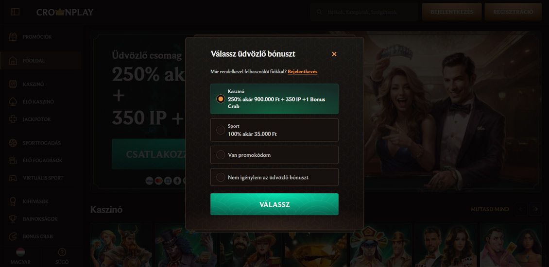 Pillanatkép a Crownplay Casino regisztrációs folyamatáról - 1. lépés