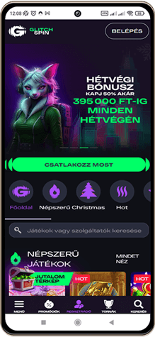 Glitchspin kaszinó főoldal mobil képernyő
