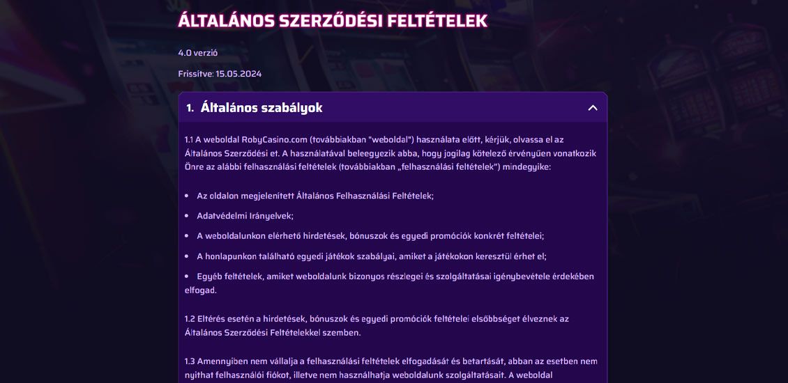 Roby Casino feltételek oldala