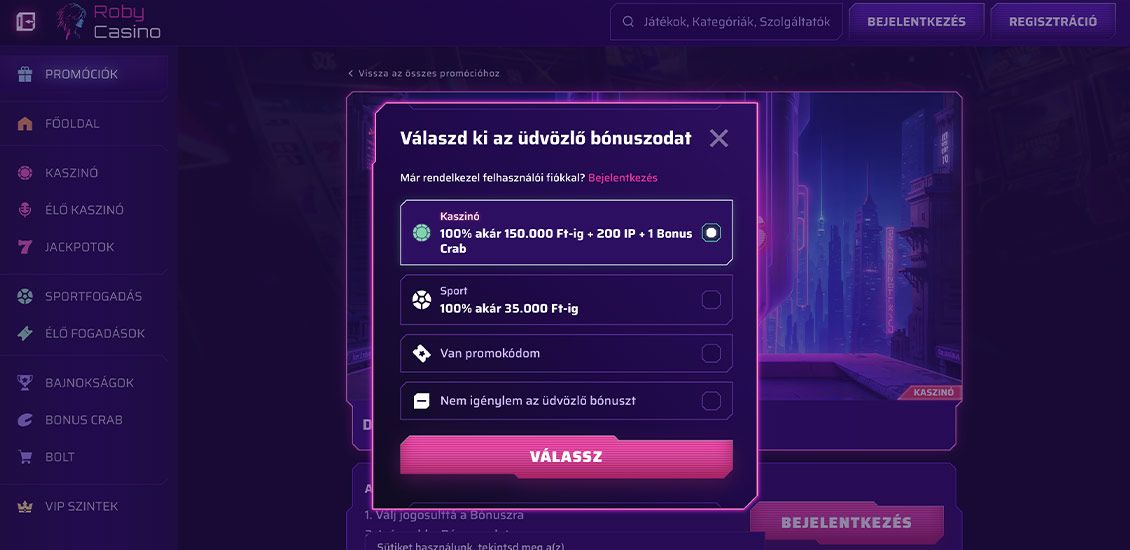 Pillanatkép a Roby Casino regisztrációs folyamatáról 1 lépés