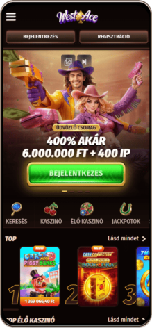 WestAce kaszinó főoldal mobilon