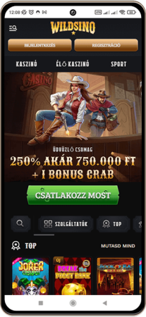 Wildsino kaszinó egy mobiltelefon képernyőjén