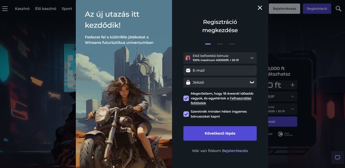 Pillanatkép a Winsane Kaszinó regisztrációs folyamatáról 2 lépés
