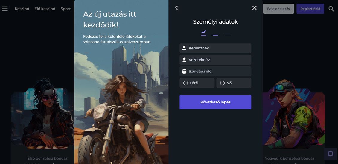 Pillanatkép a Winsane Kaszinó regisztrációs folyamatáról 3 lépés